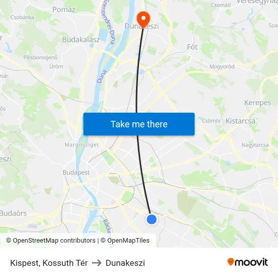 Kispest, Kossuth Tér to Dunakeszi map