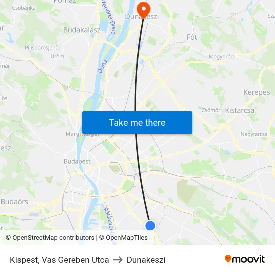 Kispest, Vas Gereben Utca to Dunakeszi map