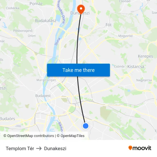 Templom Tér to Dunakeszi map