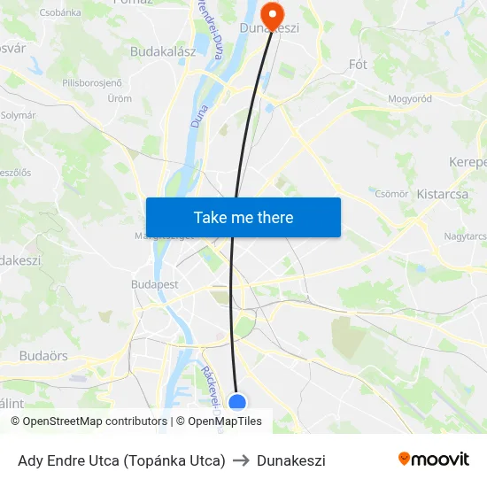 Ady Endre Utca (Topánka Utca) to Dunakeszi map