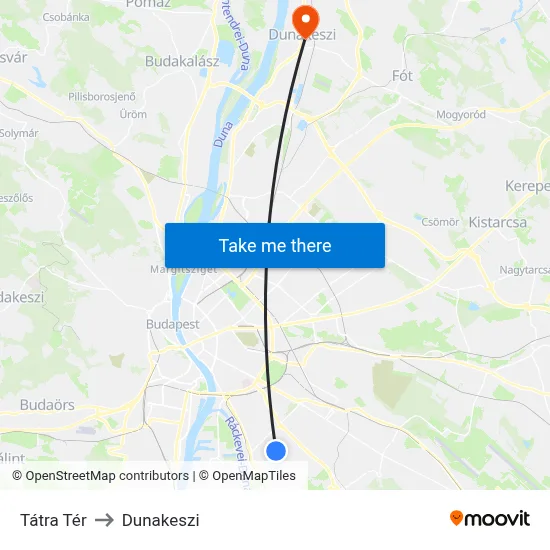 Tátra Tér to Dunakeszi map