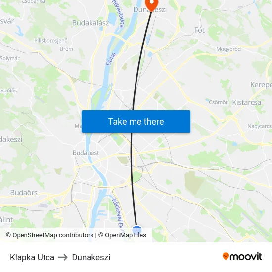 Klapka Utca to Dunakeszi map