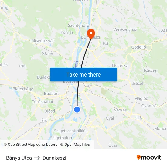 Bánya Utca to Dunakeszi map