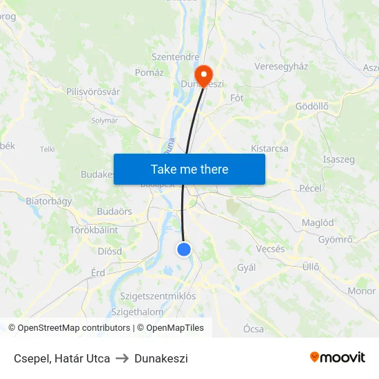 Csepel, Határ Utca to Dunakeszi map