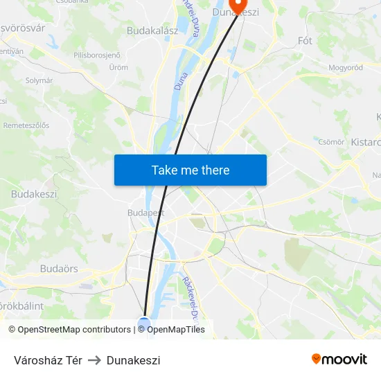 Városház Tér to Dunakeszi map