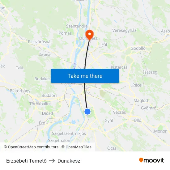 Erzsébeti Temető to Dunakeszi map