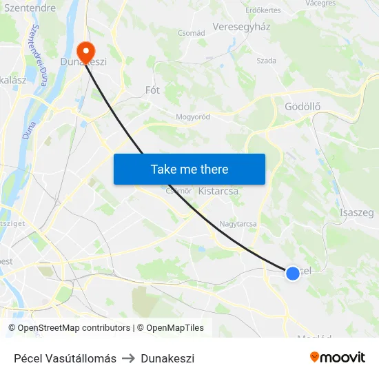 Pécel Vasútállomás to Dunakeszi map