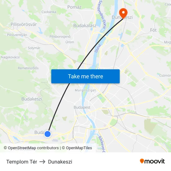 Templom Tér to Dunakeszi map
