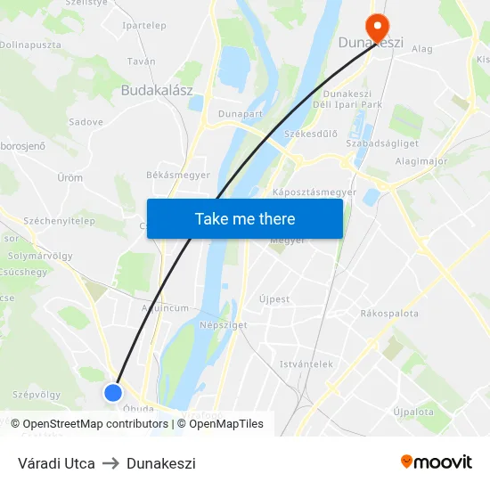 Váradi Utca to Dunakeszi map