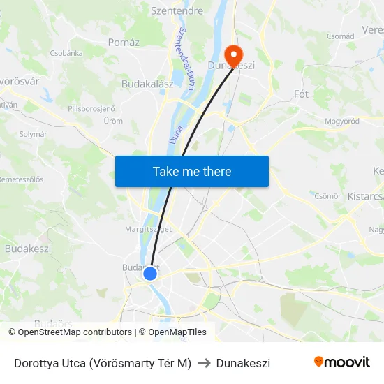 Dorottya Utca (Vörösmarty Tér M) to Dunakeszi map