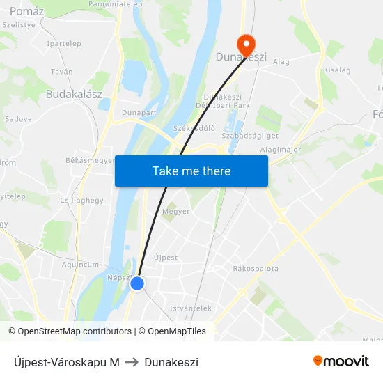 Újpest-Városkapu M to Dunakeszi map