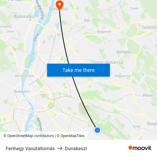 Ferihegy Vasútállomás to Dunakeszi map