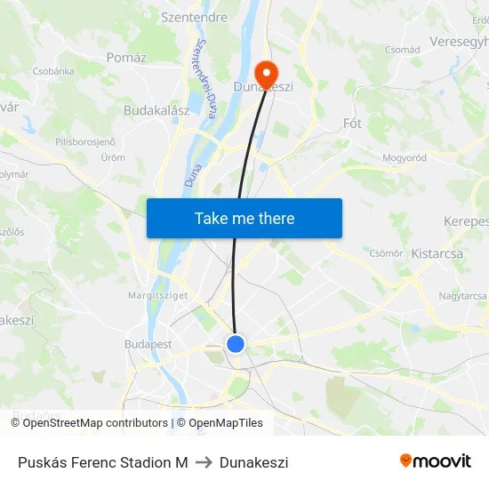 Puskás Ferenc Stadion M to Dunakeszi map