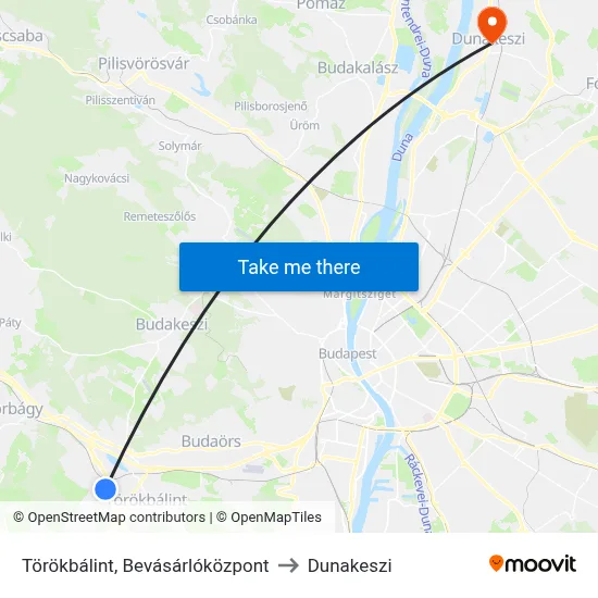 Törökbálint, Bevásárlóközpont to Dunakeszi map