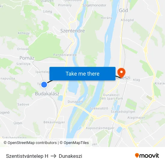 Szentistvántelep H to Dunakeszi map