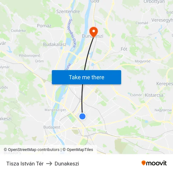 Tisza István Tér to Dunakeszi map