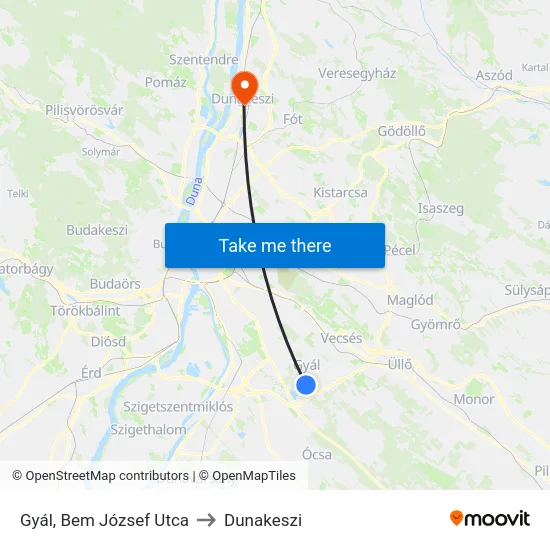 Gyál, Bem József Utca to Dunakeszi map