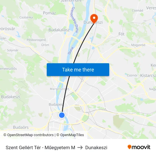 Szent Gellért Tér - Műegyetem M to Dunakeszi map