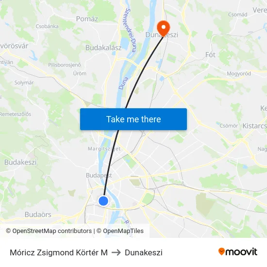 Móricz Zsigmond Körtér M to Dunakeszi map