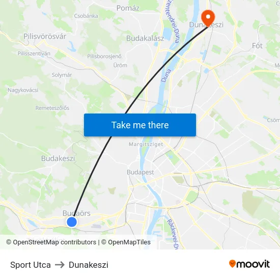 Sport Utca to Dunakeszi map
