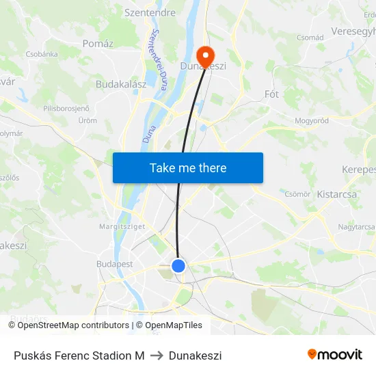 Puskás Ferenc Stadion M to Dunakeszi map