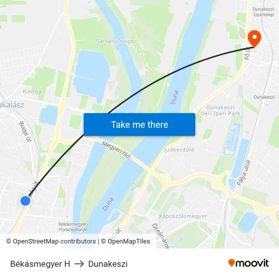 Békásmegyer H to Dunakeszi map
