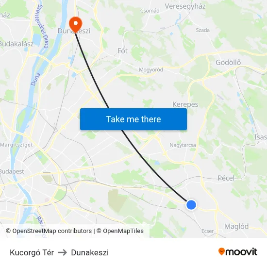 Kucorgó Tér to Dunakeszi map