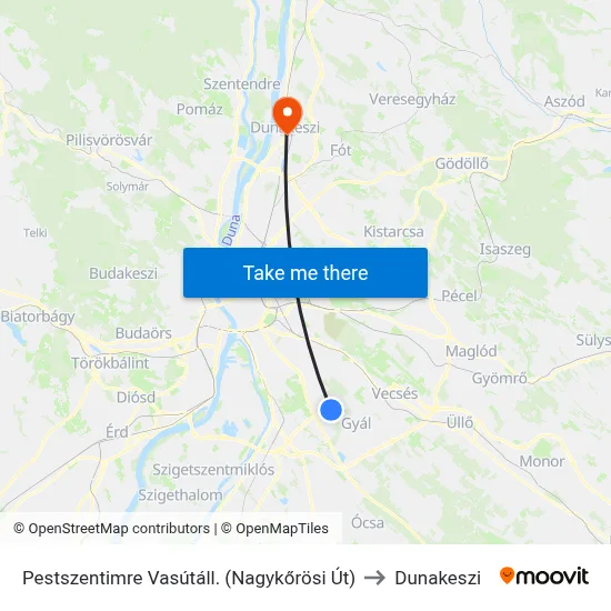 Pestszentimre Vasútáll. (Nagykőrösi Út) to Dunakeszi map