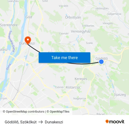 Gödöllő, Szökőkút to Dunakeszi map