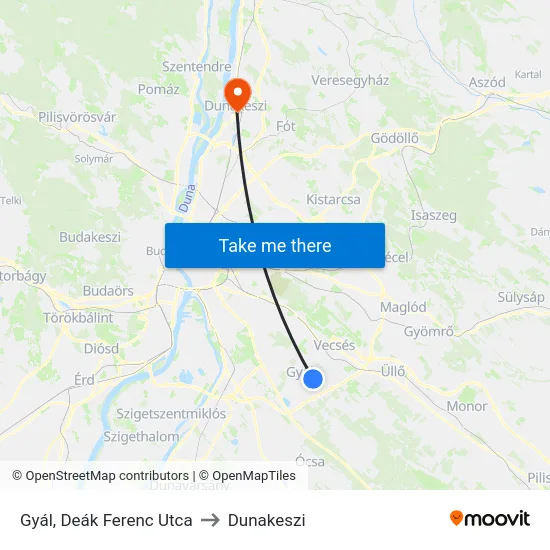 Gyál, Deák Ferenc Utca to Dunakeszi map