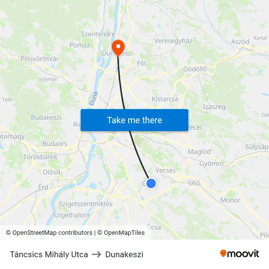 Táncsics Mihály Utca to Dunakeszi map