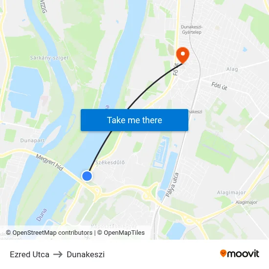 Ezred Utca to Dunakeszi map