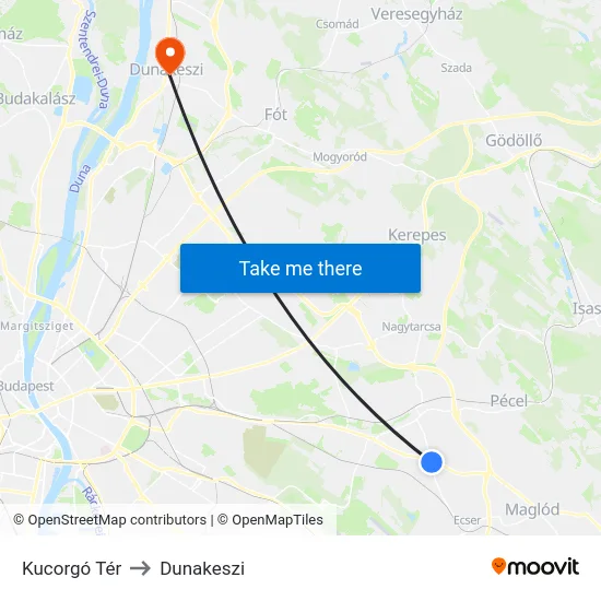 Kucorgó Tér to Dunakeszi map