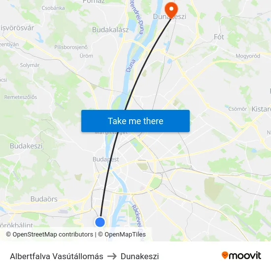 Albertfalva Vasútállomás to Dunakeszi map