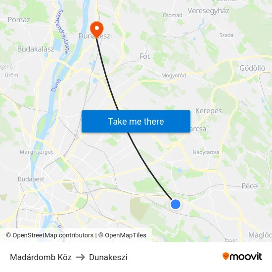 Madárdomb Köz to Dunakeszi map