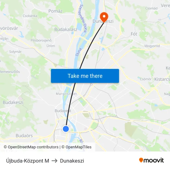 Újbuda-Központ M to Dunakeszi map