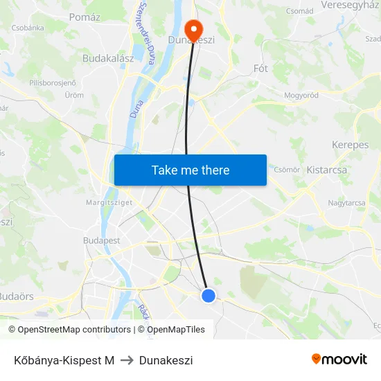 Kőbánya-Kispest M to Dunakeszi map