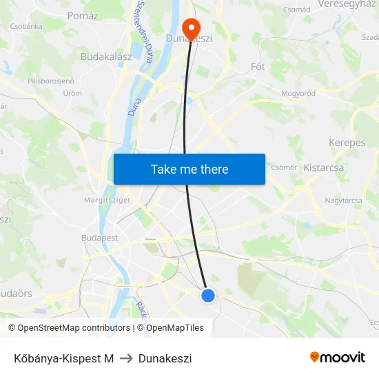 Kőbánya-Kispest M to Dunakeszi map
