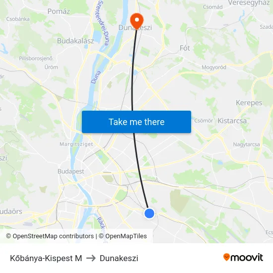 Kőbánya-Kispest M to Dunakeszi map