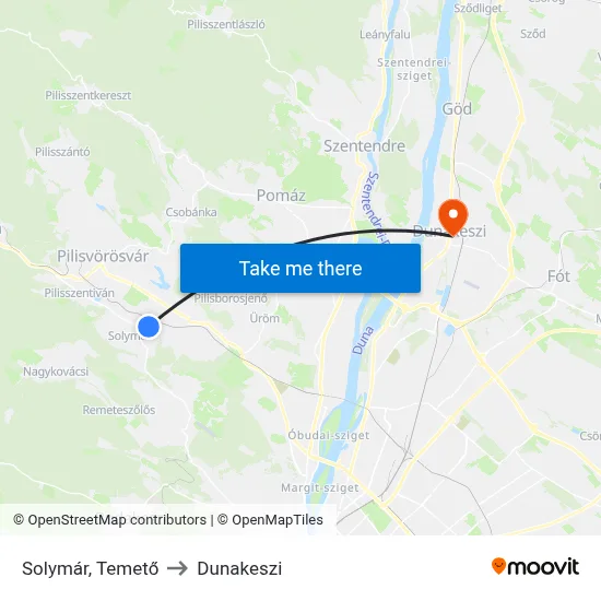 Solymár, Temető to Dunakeszi map