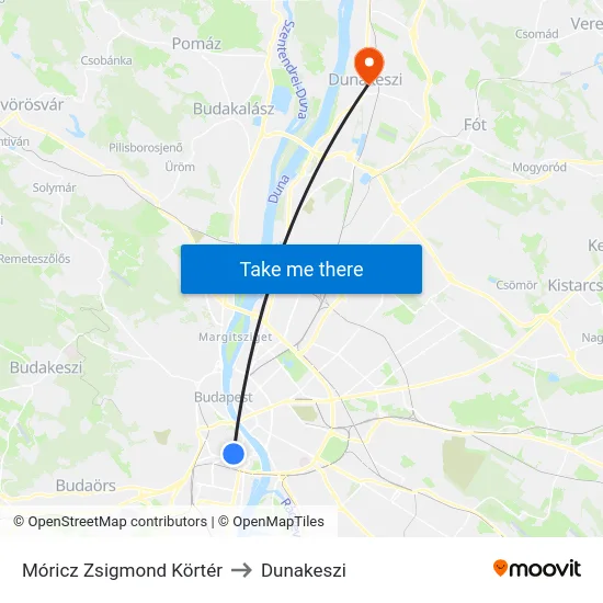 Móricz Zsigmond Körtér to Dunakeszi map