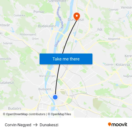 Corvin-Negyed to Dunakeszi map