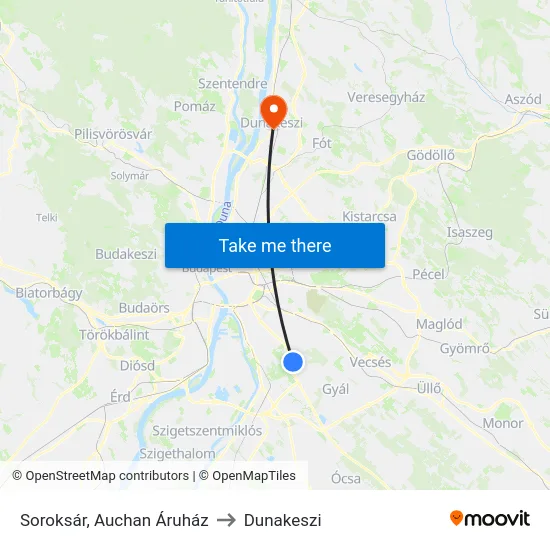 Soroksár, Auchan Áruház to Dunakeszi map