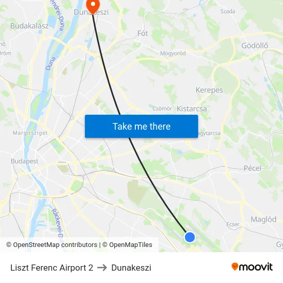 Liszt Ferenc Airport 2 to Dunakeszi map