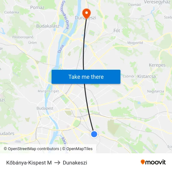 Kőbánya-Kispest M to Dunakeszi map