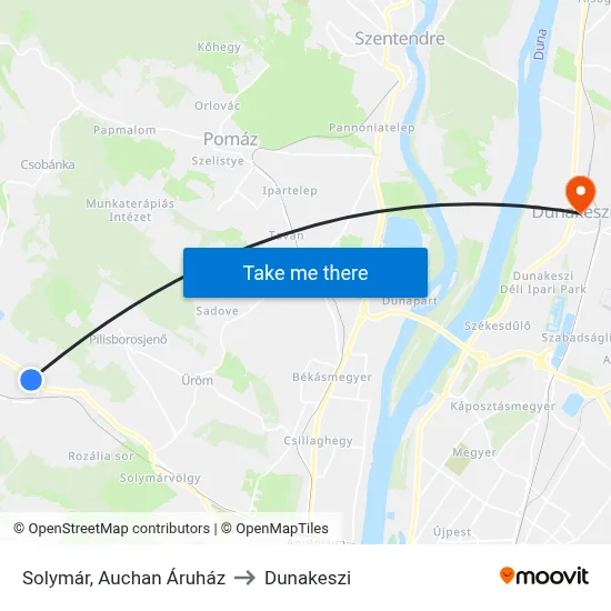 Solymár, Auchan Áruház to Dunakeszi map