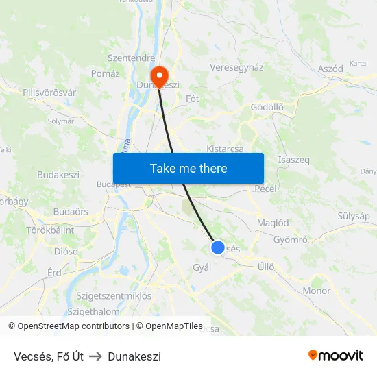 Vecsés, Fő Út to Dunakeszi map