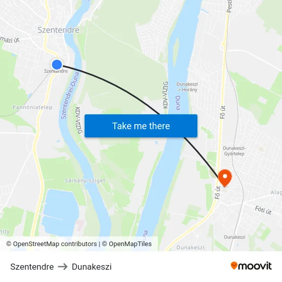 Szentendre to Dunakeszi map