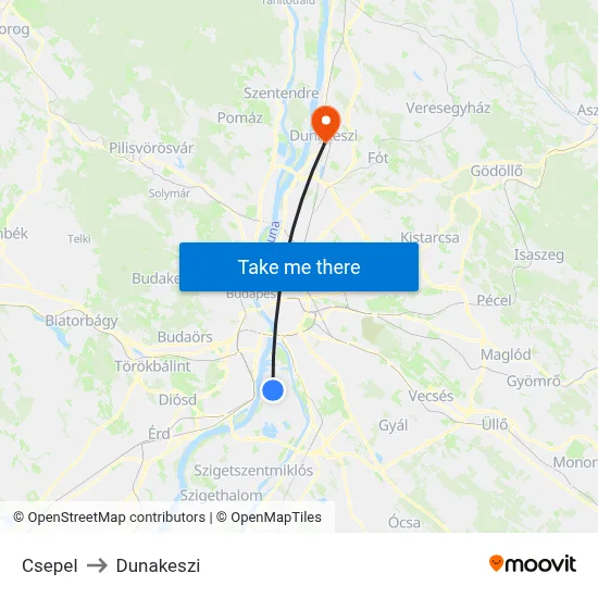 Csepel to Dunakeszi map