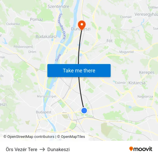 Örs Vezér Tere to Dunakeszi map